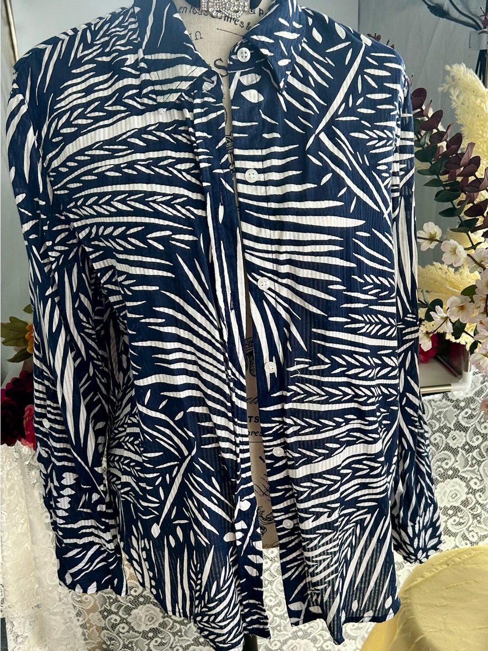 sheer nautical coastal resort Chico's Navy&White Leaf-Print Button Shirt
